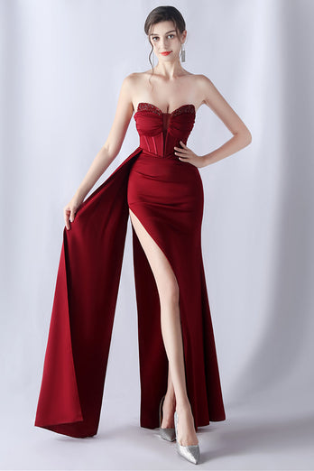 Navy Mermaid Strapless Long Corset Prom Dress with Slit