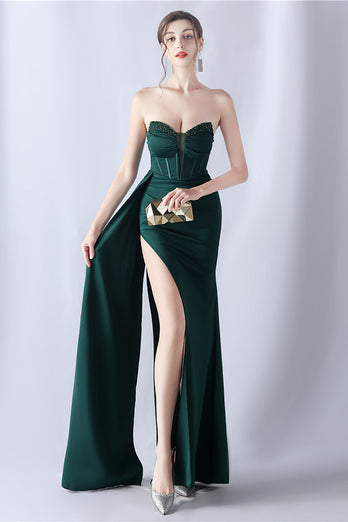 Navy Mermaid Strapless Long Corset Prom Dress with Slit