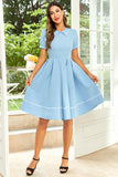 Retro Style Blue 1950s Dress with Short Sleeves