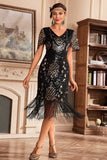 Red V Neck Fringe 1920s Gatsby Dress With Sequins