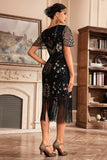 Black Golden V Neck Fringe 1920s Gatsby Dress With Sequins