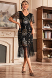 Black Golden V Neck Fringe 1920s Gatsby Dress With Sequins