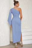 Blue One Shoulder Bodycon Long Cocktail Dress