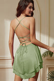 Green A-Line Tiered Spaghetti Straps Short Party Dress