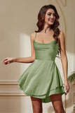 Green A-Line Tiered Spaghetti Straps Short Party Dress