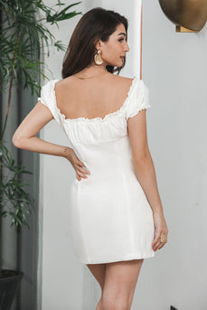 Sheath Single Breasted Lace-Up Little White Dress With Puff Sleeves