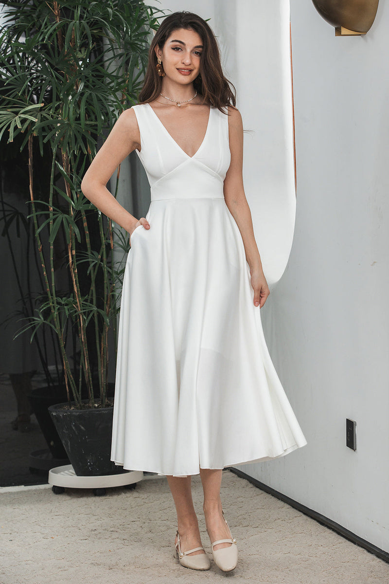 Load image into Gallery viewer, A Line V Neck Sleeveless Little White Dress with Hollow-out Back