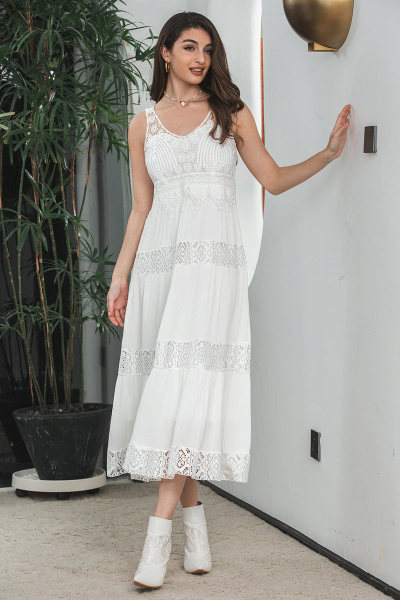 Load image into Gallery viewer, Simple Tea-length Lace White Sleeveless Boho Beach Holiday Dress