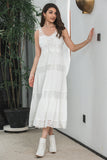 Simple Tea-length Lace White Sleeveless Boho Beach Holiday Dress