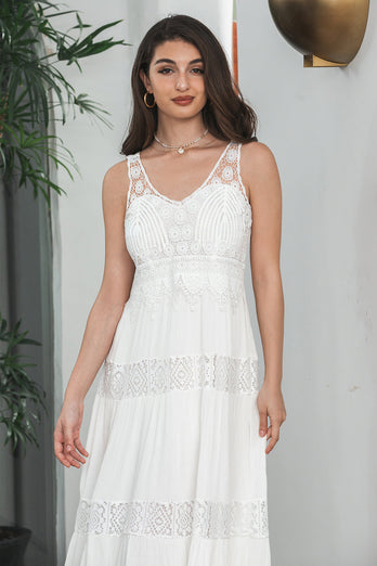 Simple Tea-length Lace White Sleeveless Boho Beach Holiday Dress