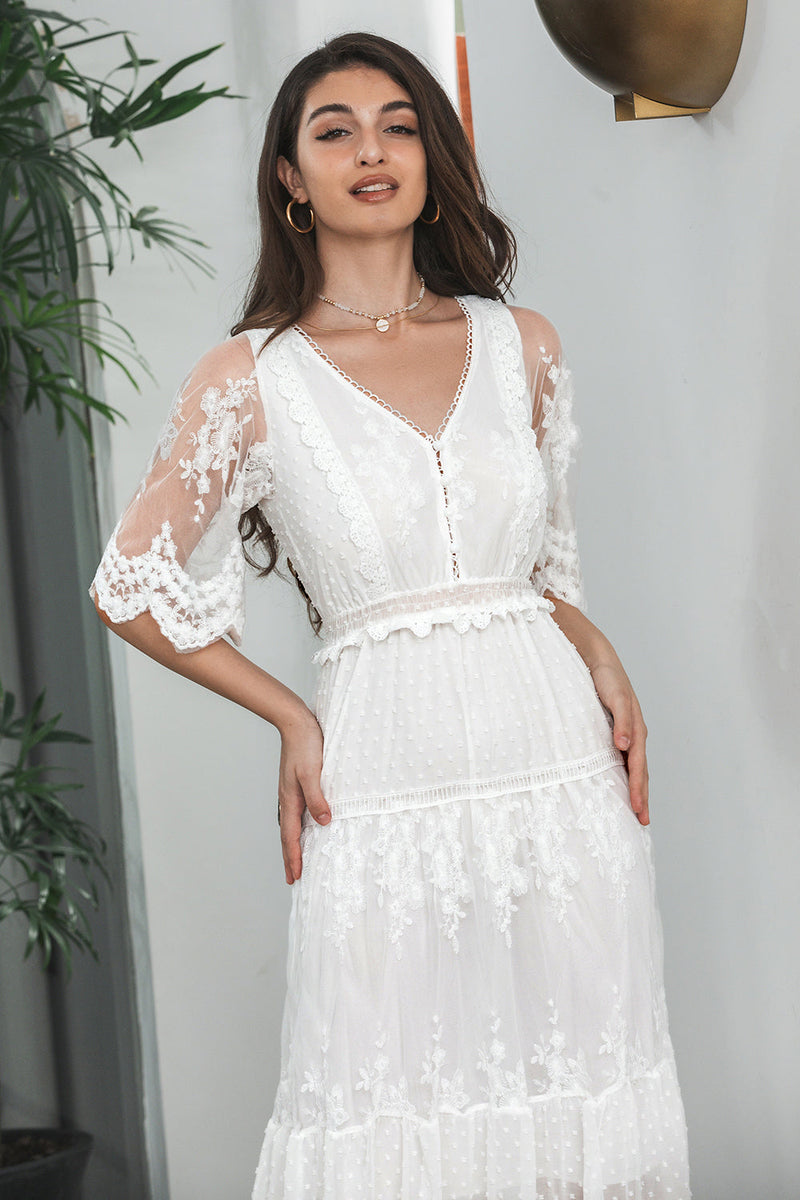 Load image into Gallery viewer, White A Line Long Boho Lace Engagement Party Dress