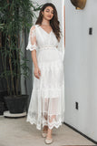 White A Line Long Boho Lace Engagement Party Dress