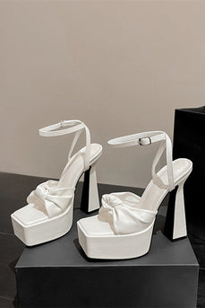 White Chunky High Heel Sandals with Bow