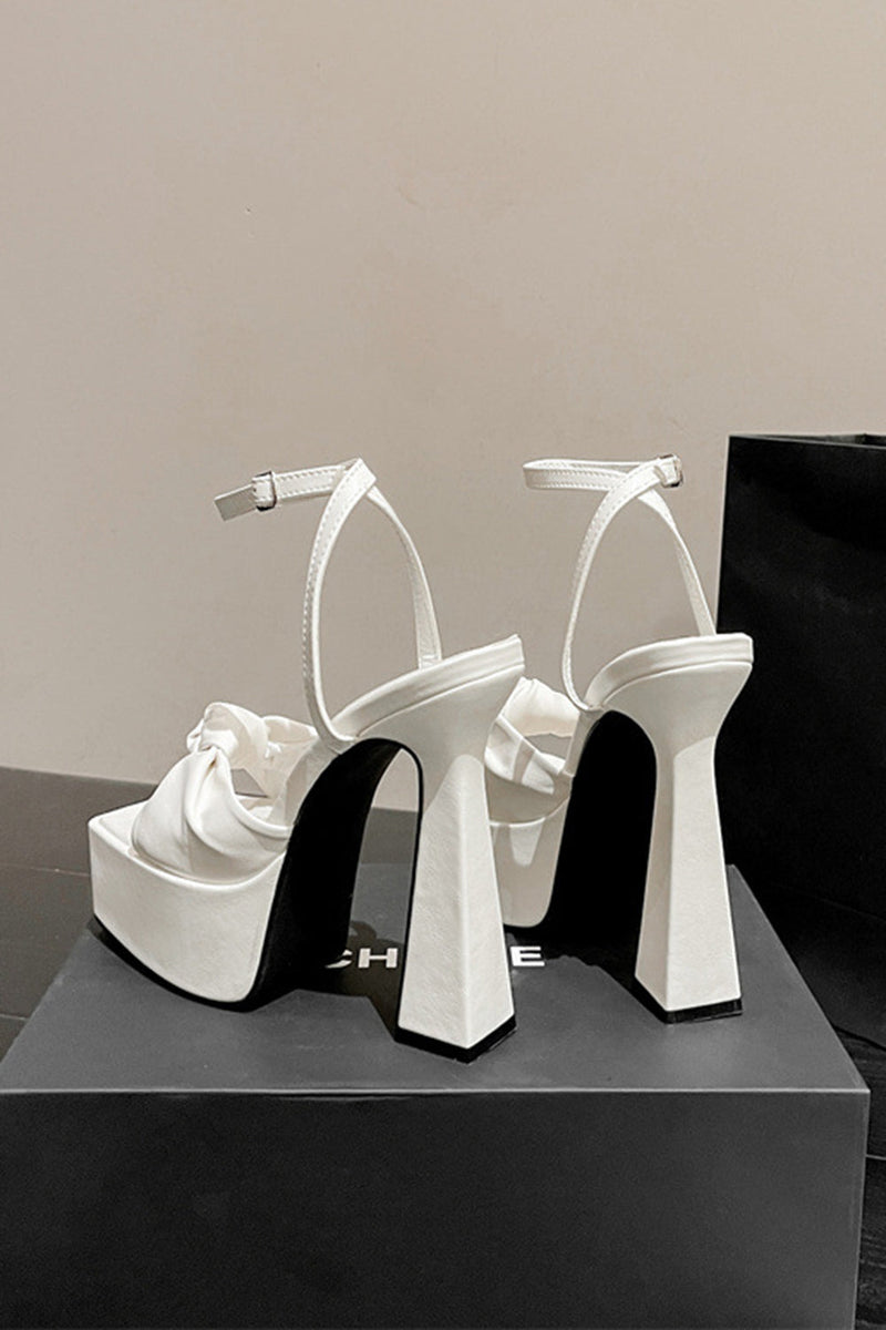 Load image into Gallery viewer, White Chunky High Heel Sandals with Bow
