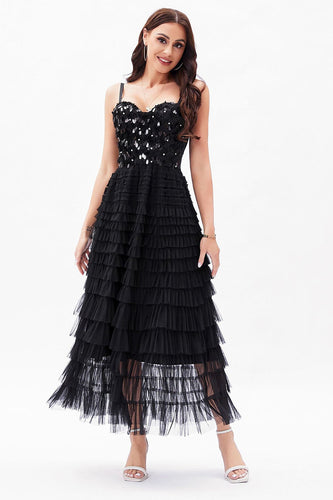 Black A-Line Tulle Tiered Corset Party Dress