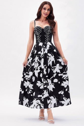 Black White Flower Printed A-Line Spaghetti Straps Party Dress