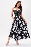 Black White Flower Printed A-Line Spaghetti Straps Party Dress