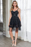 Black A-Line Spaghetti Straps Short Corset Party Dress