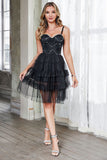 Black A-Line Spaghetti Straps Short Corset Party Dress