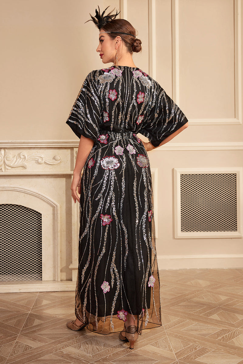 Load image into Gallery viewer, Glitter Black Batwing Sleeves Sequins Long 1920s Flapper Dress