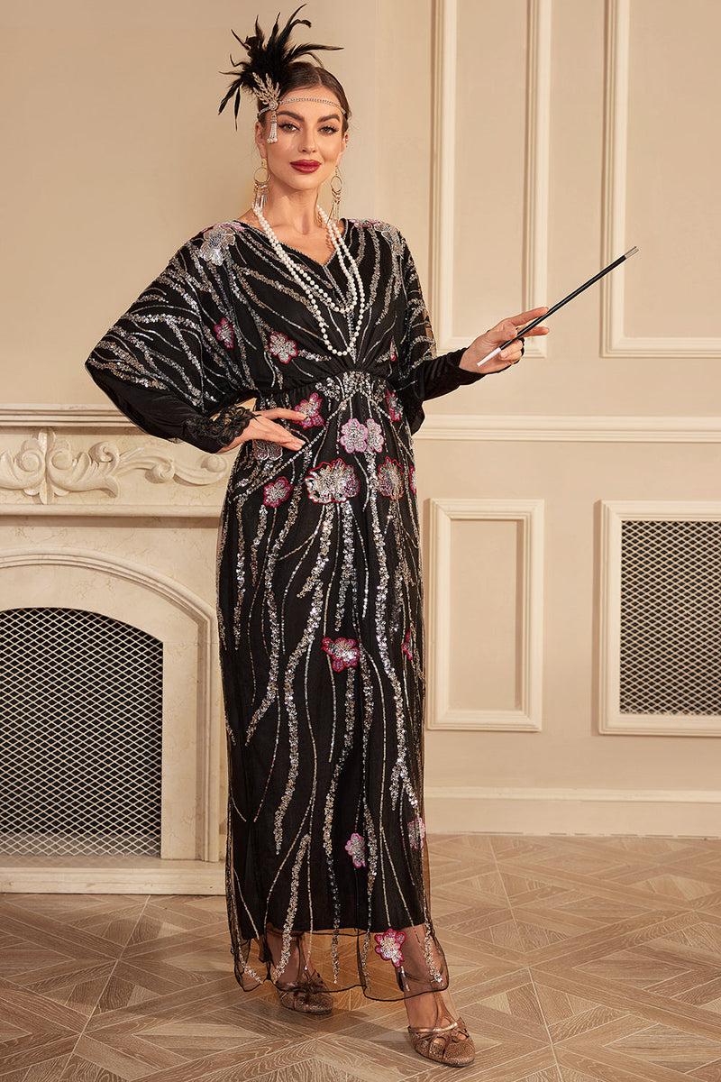 Load image into Gallery viewer, Glitter Black Batwing Sleeves Sequins Long 1920s Flapper Dress