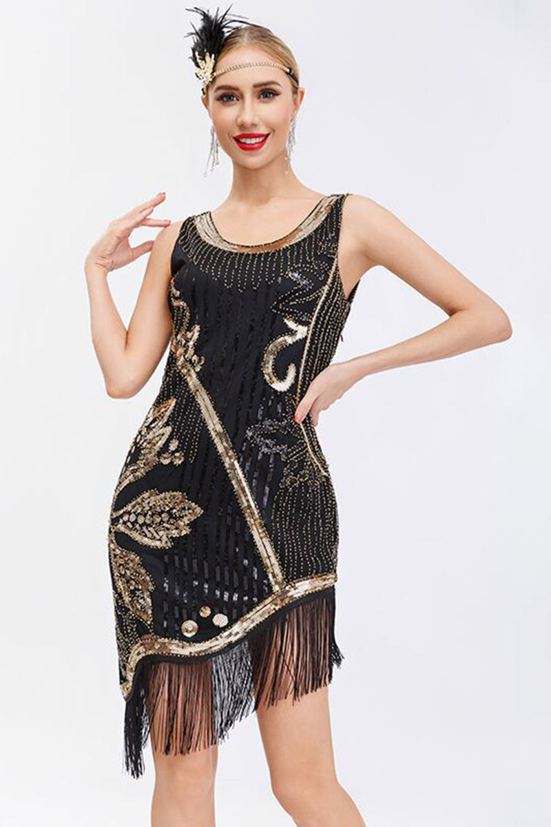 Load image into Gallery viewer, Beaded Black 1920s Dress with Fringes