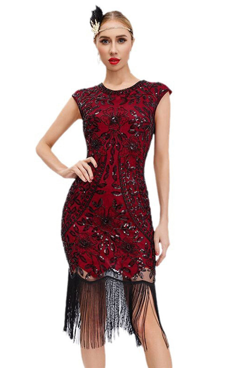 Load image into Gallery viewer, Black Sequins 1920s Gatsby Dress with Fringes