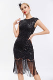 Black Sequins 1920s Gatsby Dress with Fringes