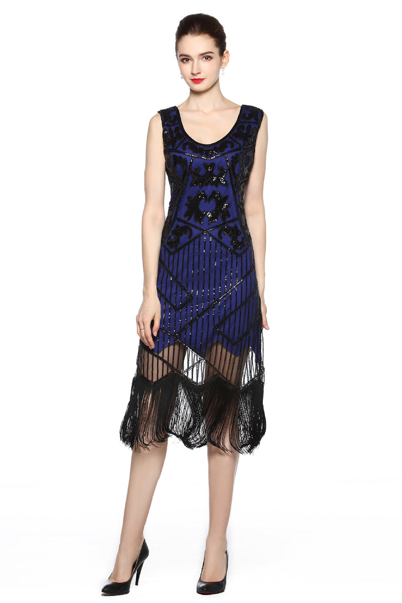 Load image into Gallery viewer, Sparkly Black Golden Fringed Flapper Dress