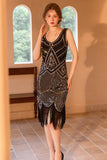 Sparkly Black Golden Sheath Sequins 1920s Flapper Dress with Fringe