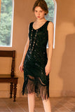 Sparkly Black Golden Sheath Sequins 1920s Flapper Dress with Fringe