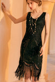 Sparkly Black Golden Sheath Sequins 1920s Flapper Dress with Fringe