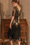 Sparkly Black Golden Short Sleeves V-neck Sequins 1920s Gatsby Dress with Fringes