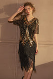 Sparkly Black Golden Short Sleeves V-neck Sequins 1920s Gatsby Dress with Fringes