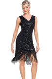 Sparkly Black Sequins V-Neck 1920s Flapper Dress with Fringes