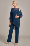 3 Pieces Navy Chiffon Long Sleeves Choir Pant Suits