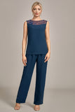 3 Pieces Navy Chiffon Long Sleeves Choir Pant Suits