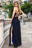 Black Blue Mermaid Spaghetti Straps Long Wedding Party Dress with Slit