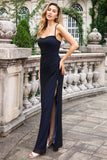 Black Blue Mermaid Spaghetti Straps Long Wedding Party Dress with Slit