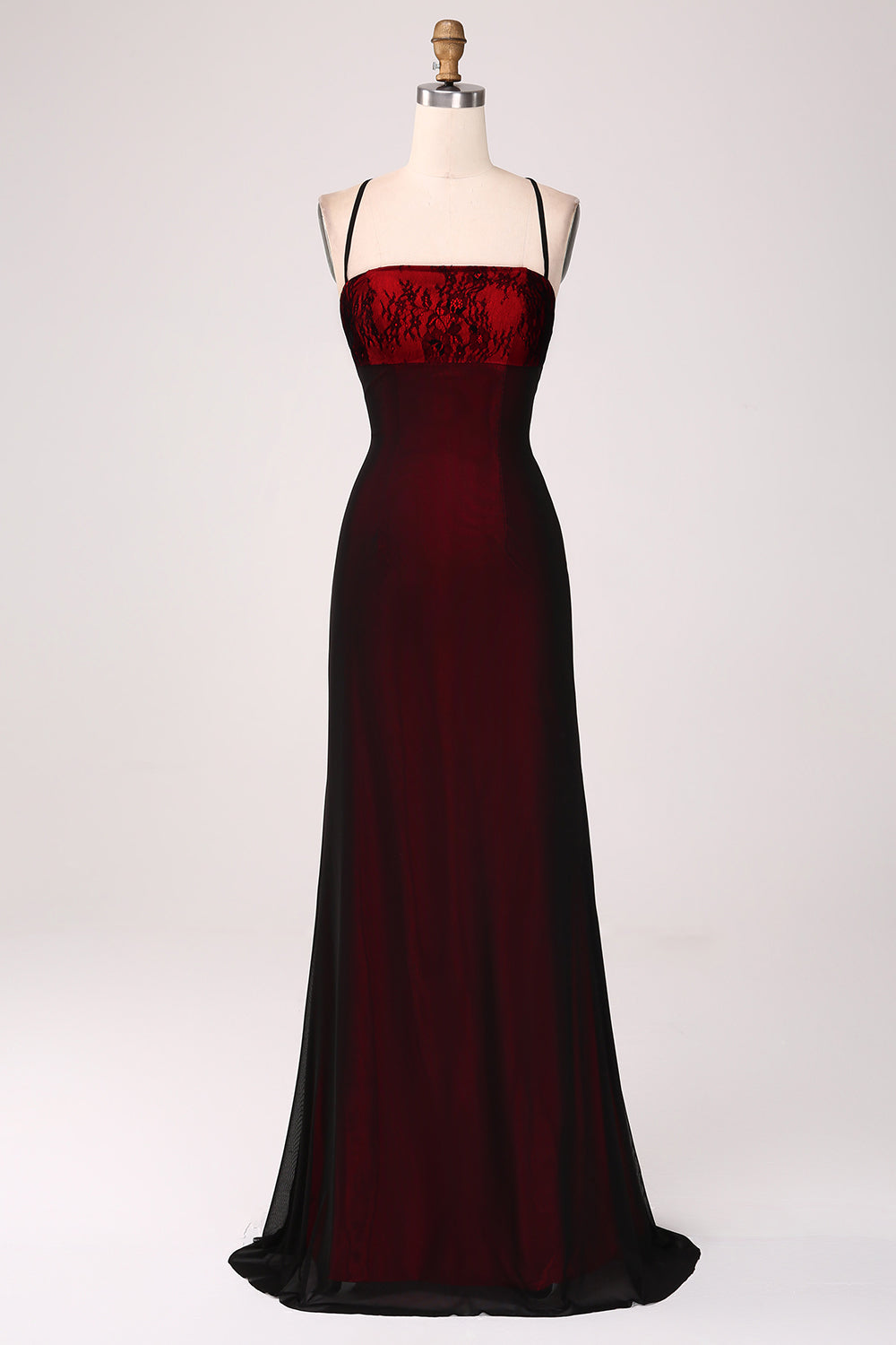 Black Red Sheath Bridesmaid Dress with Lace-up Back