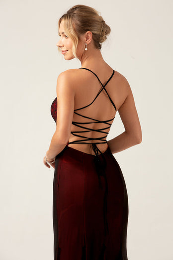 Sheath Black Red Bridesmaid Dress with Lace-up Back