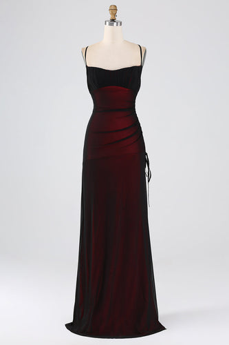 Sheath Spaghetti Straps Black Red Floor Length Bridesmaid Dress