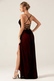 Sheath Spaghetti Straps Black Red Floor Length Bridesmaid Dress