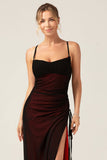 Sheath Spaghetti Straps Black Red Floor Length Bridesmaid Dress