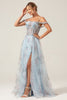 Load image into Gallery viewer, Cold Shoulder A-Line Blue Printed Long Corset Prom Dress with Slit