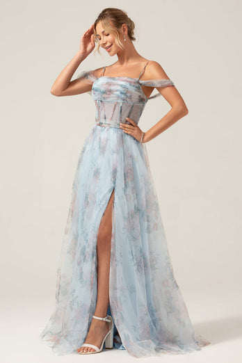 Cold Shoulder A-Line Blue Printed Long Corset Prom Dress with Slit