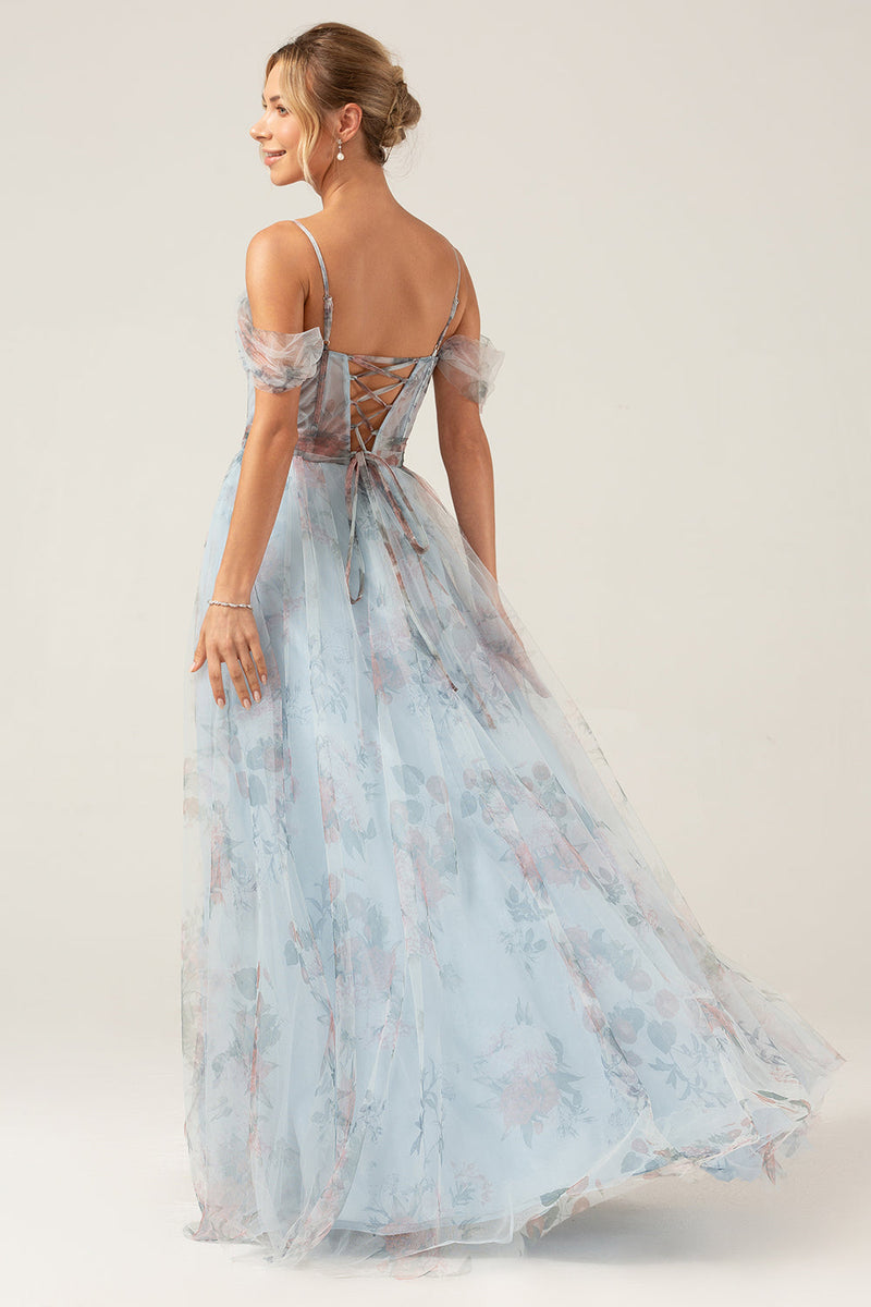 Load image into Gallery viewer, Cold Shoulder A-Line Blue Printed Long Corset Prom Dress with Slit