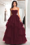 Princess Black Strapless Tulle Tiered Ruched Long Prom Dress