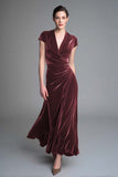 Velvet Caramel Ruched V Neck Long Holiday Party Dress