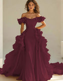 Yellow Off The Shoulder Mermaid Ruffles Satin Prom Dress